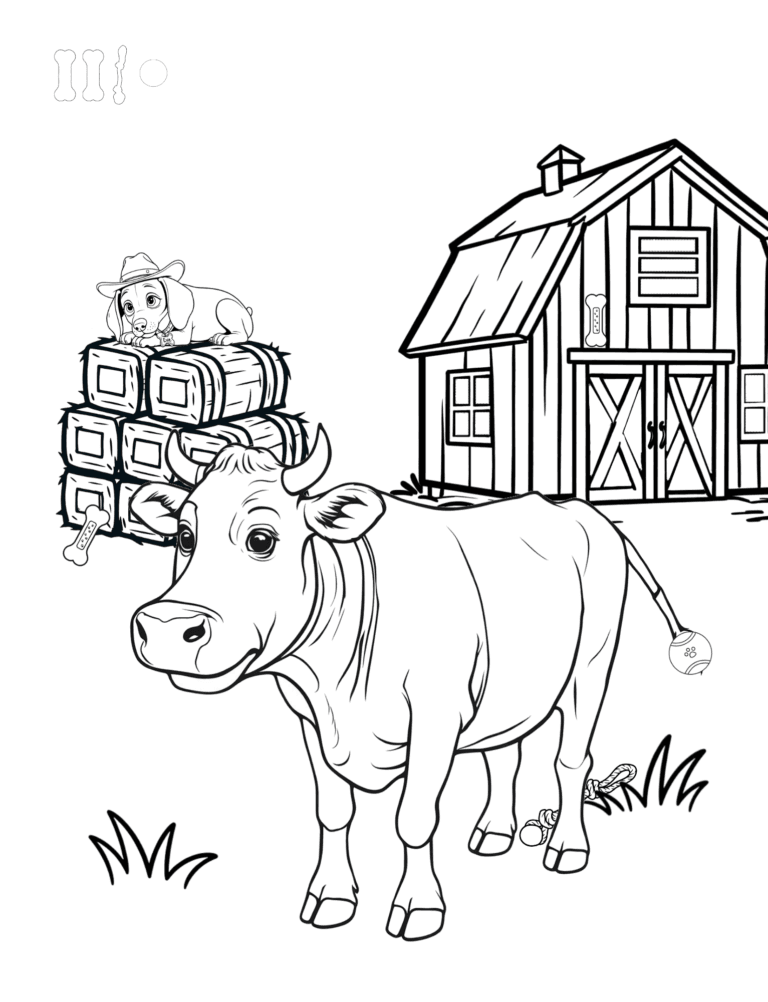 Printable cow and red barn farm coloring page for kids ages 3–8