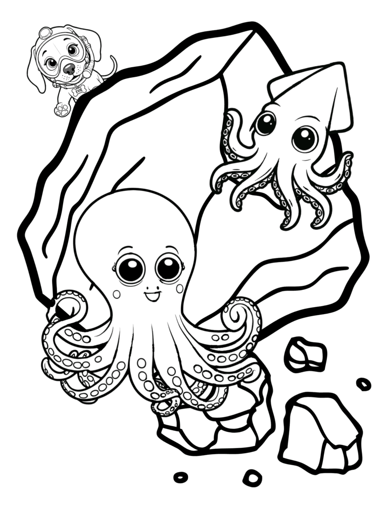 Printable fish and rocks ocean coloring page for kids ages 3–8