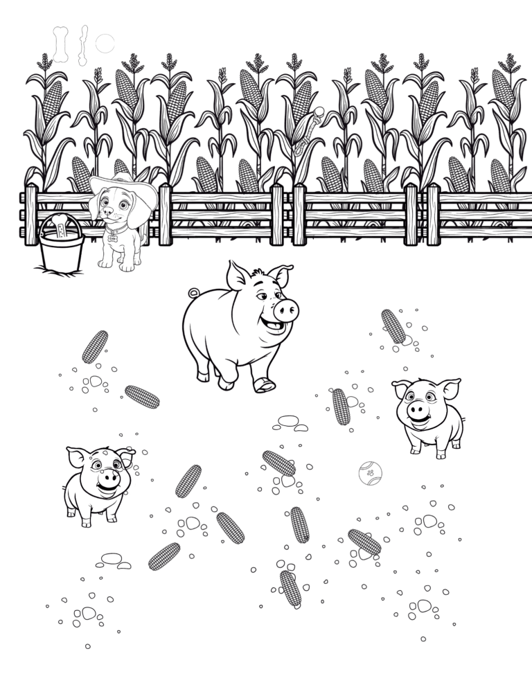 Printable pig in the cornfield farm coloring page for kids ages 3–8