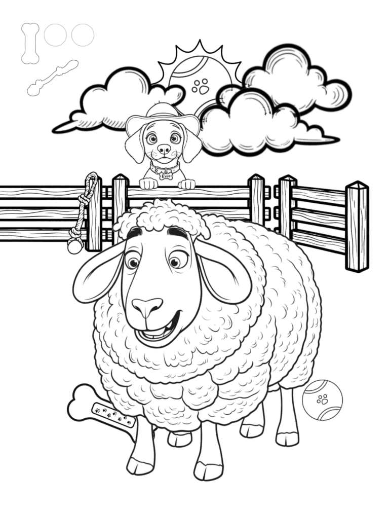 Printable fluffy sheep farm coloring page for kids ages 3–8