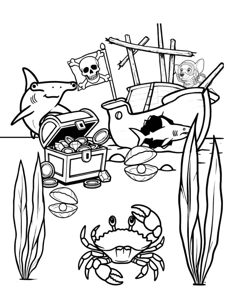 Printable sunken treasure ocean coloring page for kids ages 3–8