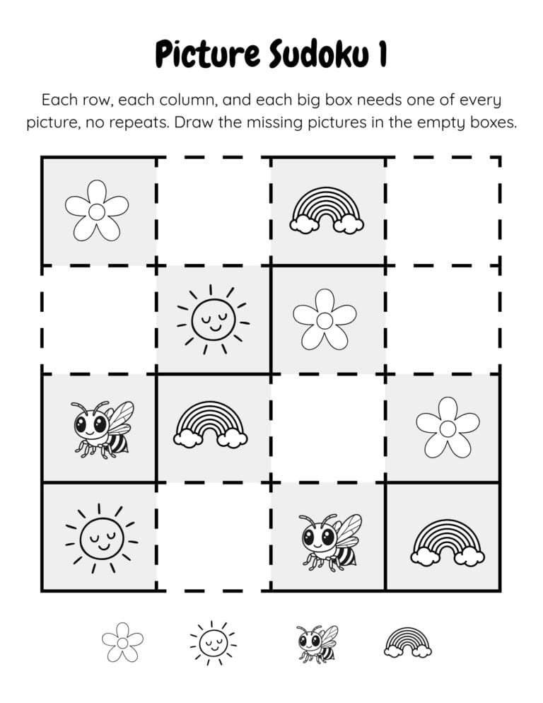 Printable Spring picture sudoku for kids ages 3–8