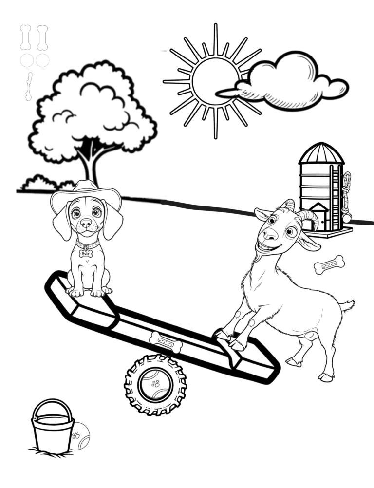 Printable goat on a seesaw farm coloring page for kids ages 3–8