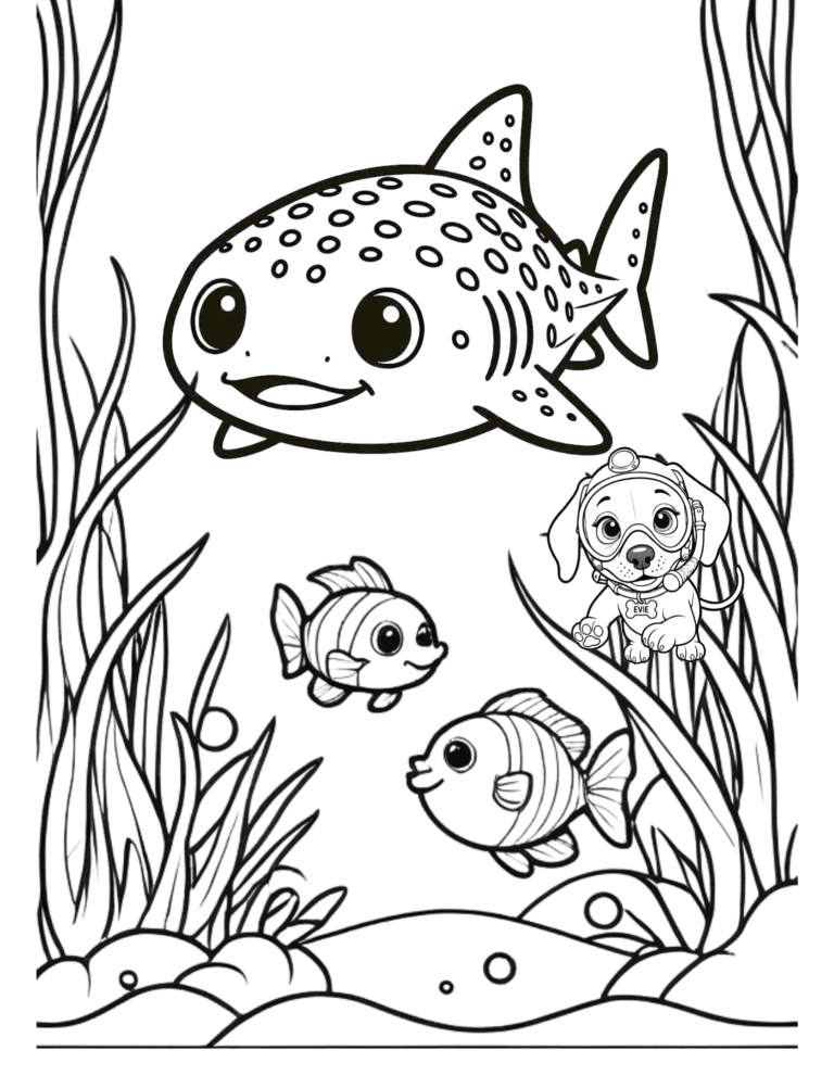 Printable whale shark ocean coloring page for kids ages 3–8