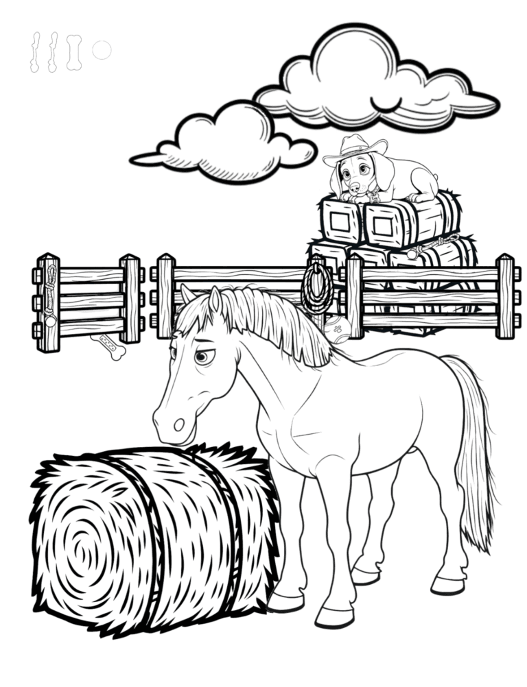 Printable horse and hay bale farm coloring page for kids ages 3–8