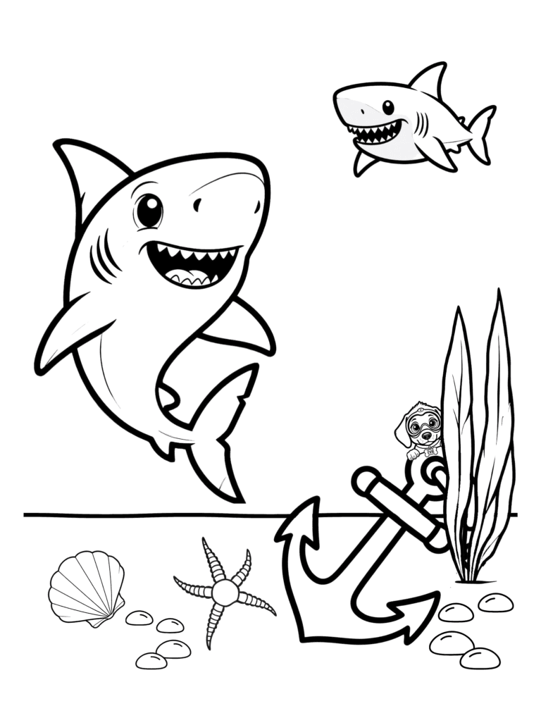 Printable shark and anchor ocean coloring page for kids ages 3–8
