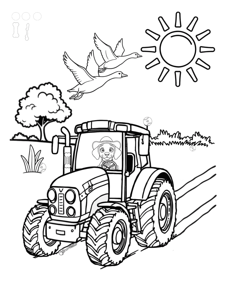 Printable tractor and geese farm coloring page for kids ages 3–8