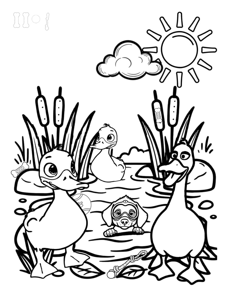 Printable ducks at the pond farm coloring page for kids ages 3–8