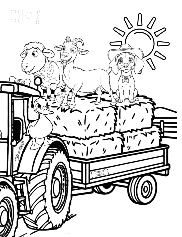 Printable sheep on the hay wagon farm coloring page for kids ages 3–8