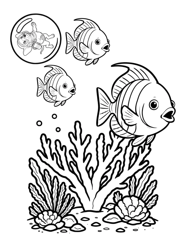 Printable clownfish reef ocean coloring page for kids ages 3–8