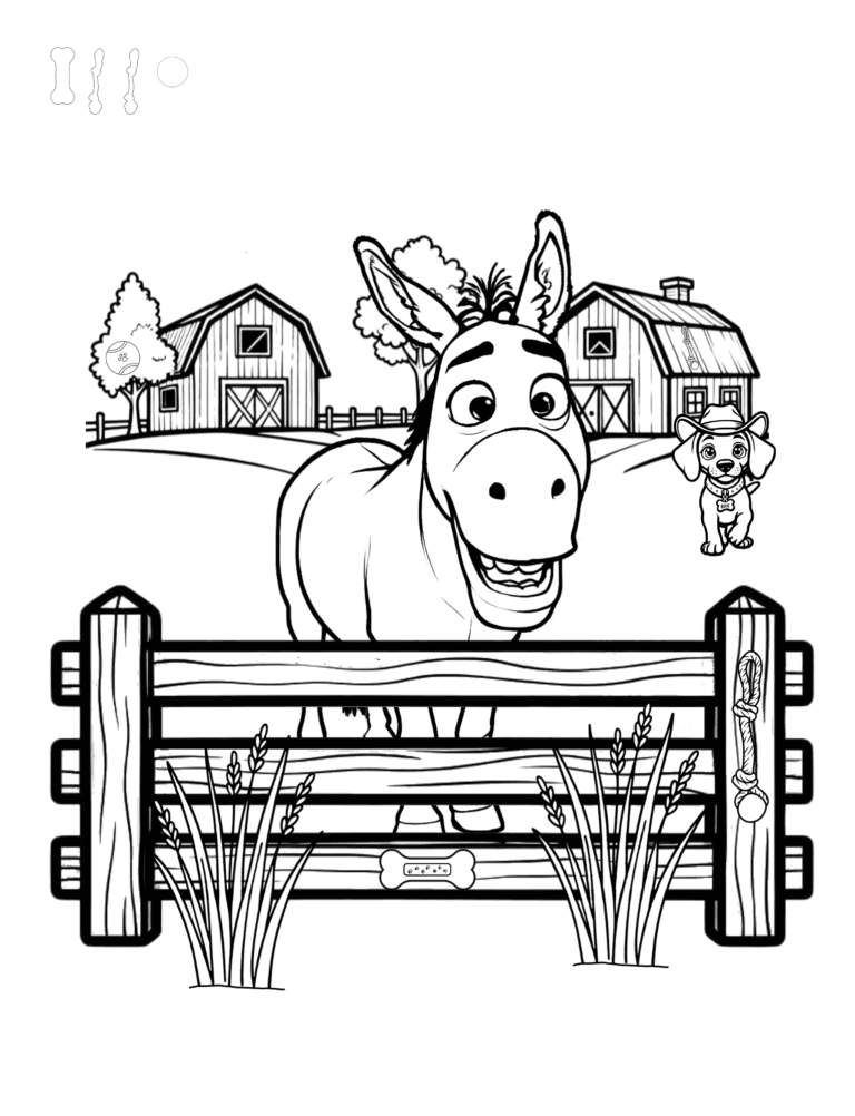 Printable donkey farm coloring page for kids ages 3–8