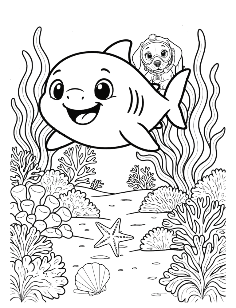 Printable friendly shark ocean coloring page for kids ages 3–8
