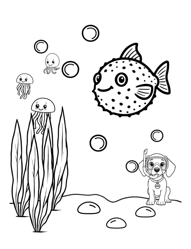 Printable pufferfish ocean coloring page for kids ages 3–8