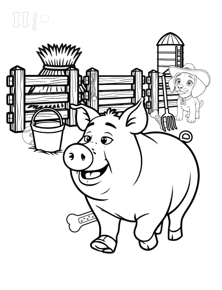 Printable pig at the fence farm coloring page for kids ages 3–8