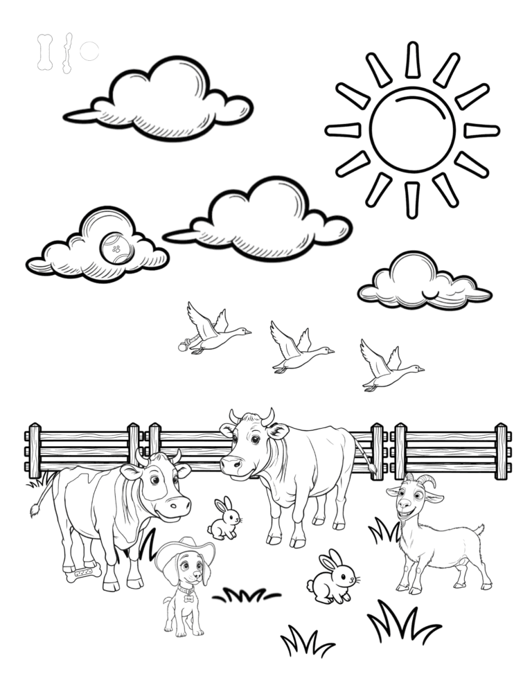 Printable farm animals in the field coloring page for kids ages 3–8
