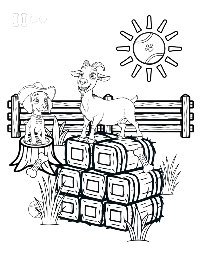 Printable goat on hay bales farm coloring page for kids ages 3–8
