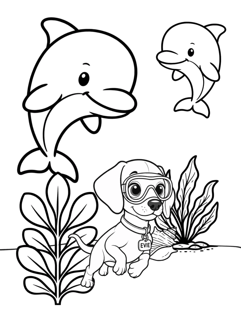Printable dolphins ocean coloring page for kids ages 3–8