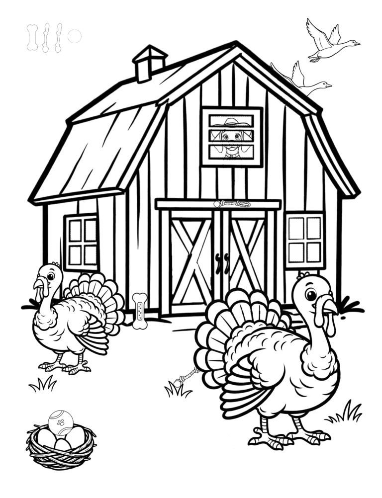 Printable barn and turkeys farm coloring page for kids ages 3–8