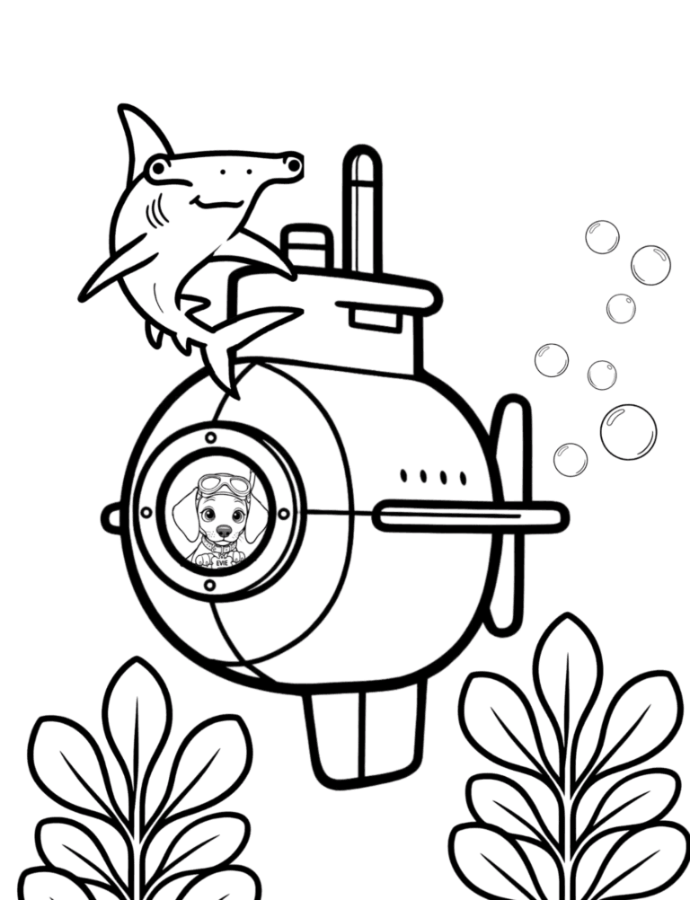 Printable submarine ocean coloring page for kids ages 3–8