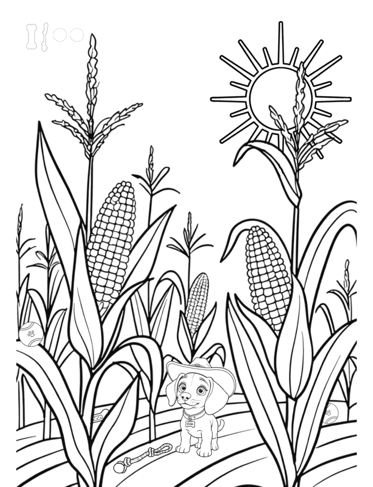 Printable cornfield farm coloring page for kids ages 3–8
