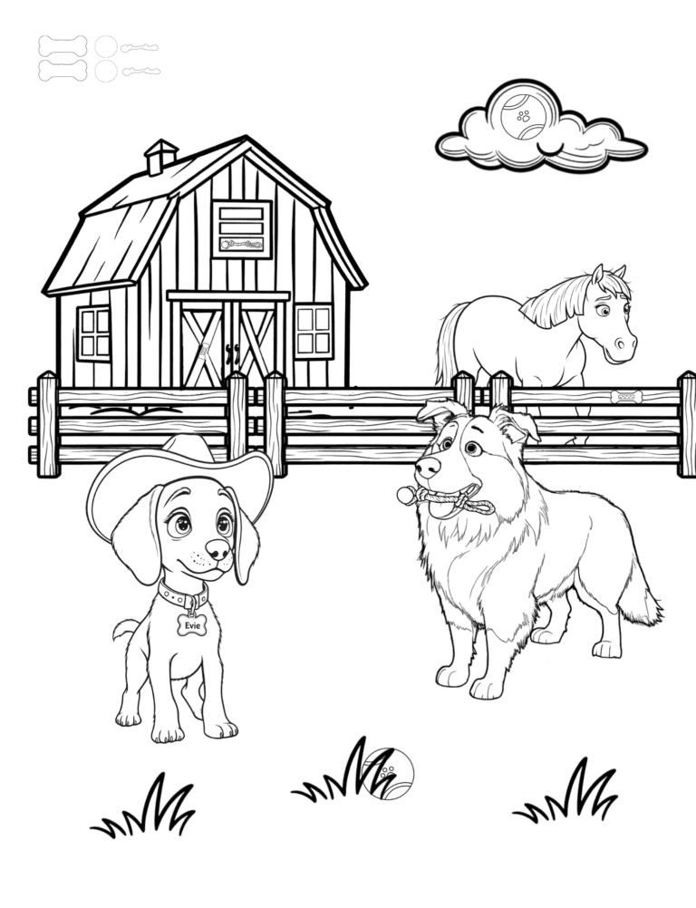 Printable barn and horses farm coloring page for kids ages 3–8