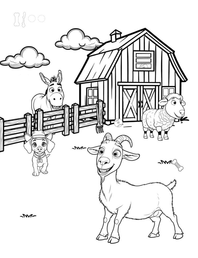 Printable barn and goats farm coloring page for kids ages 3–8