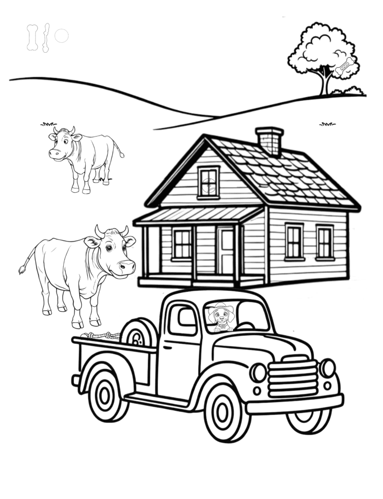 Printable farmhouse and truck farm coloring page for kids ages 3–8