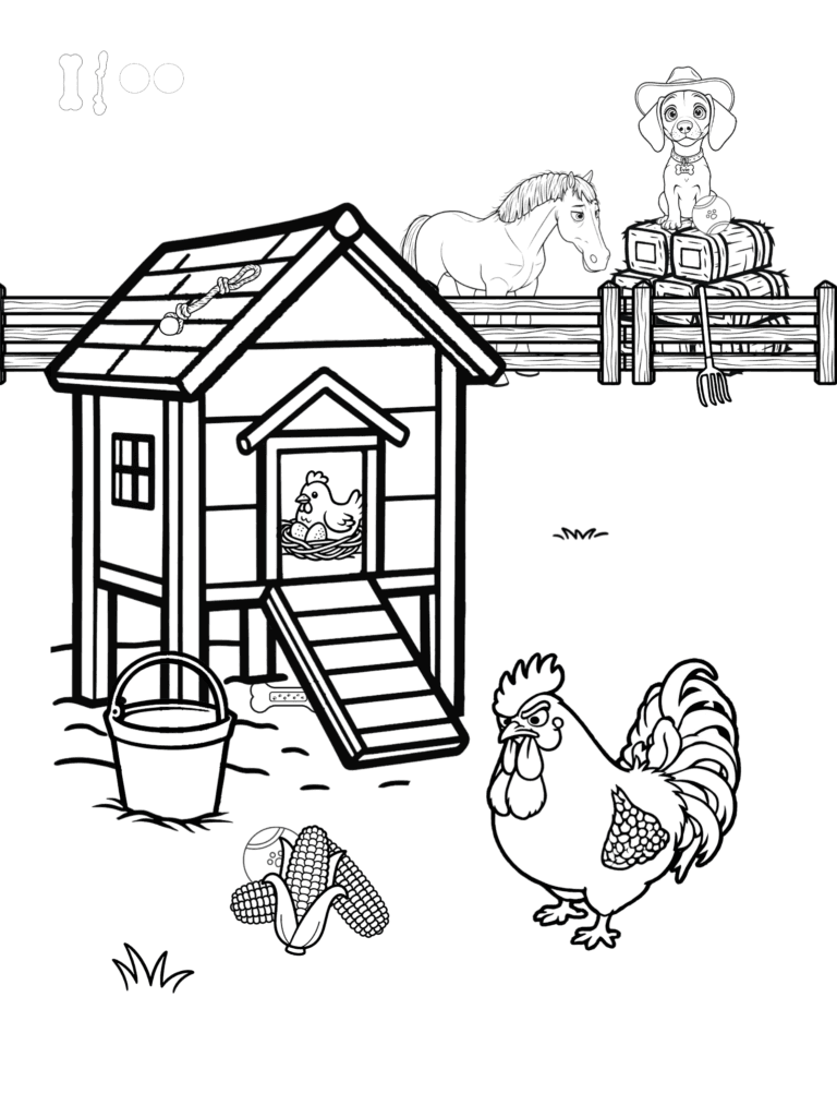 Printable chicken coop and rooster farm coloring page for kids ages 3–8