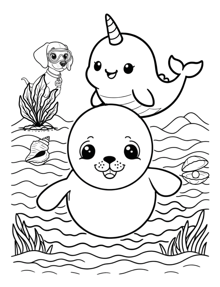 Printable narwhal ocean coloring page for kids ages 3–8