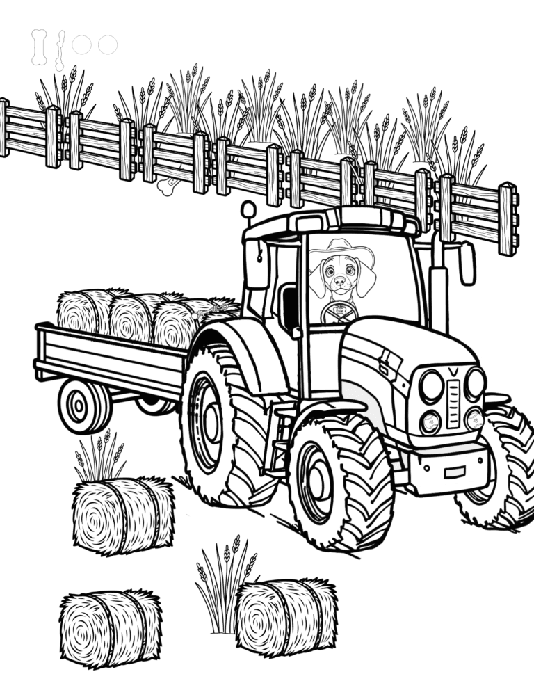 Printable tractor and hay bales farm coloring page for kids ages 3–8