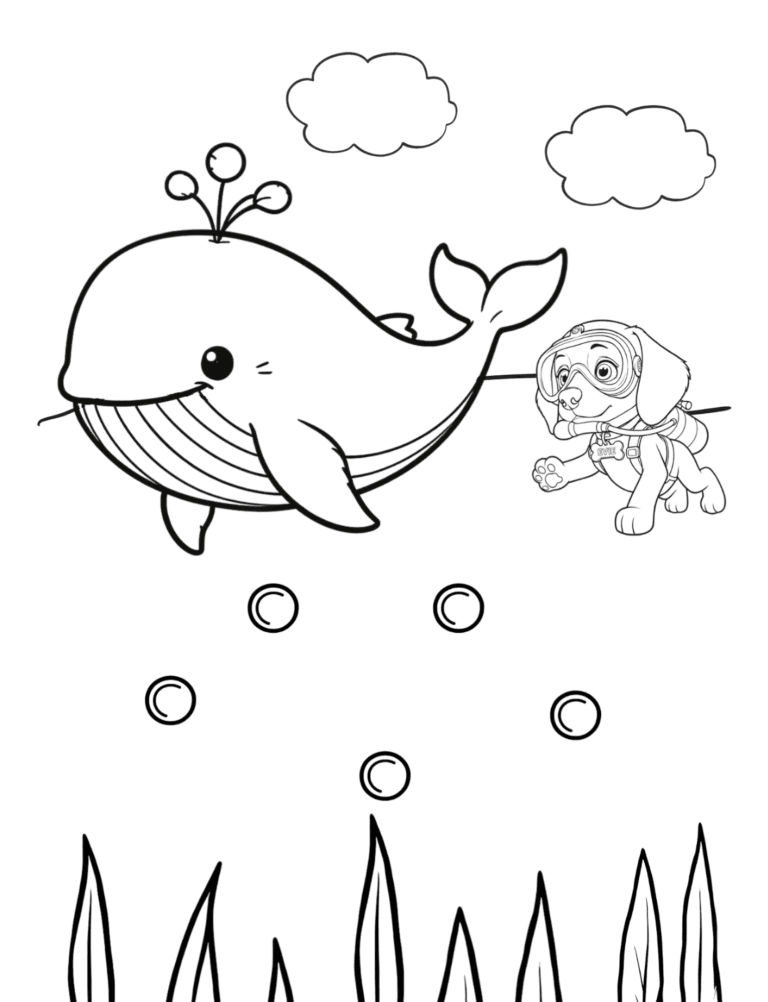 Printable whale ocean coloring page for kids ages 3–8