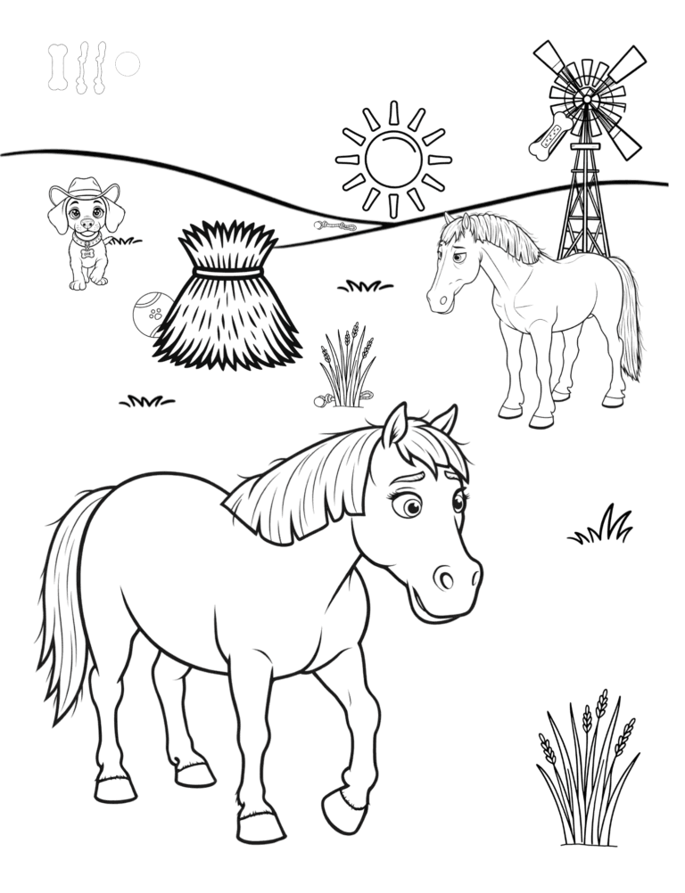 Printable pony and windmill farm coloring page for kids ages 3–8