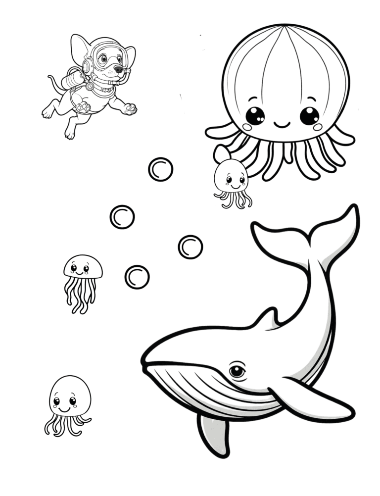 Printable jellyfish and whale ocean coloring page for kids ages 3–8