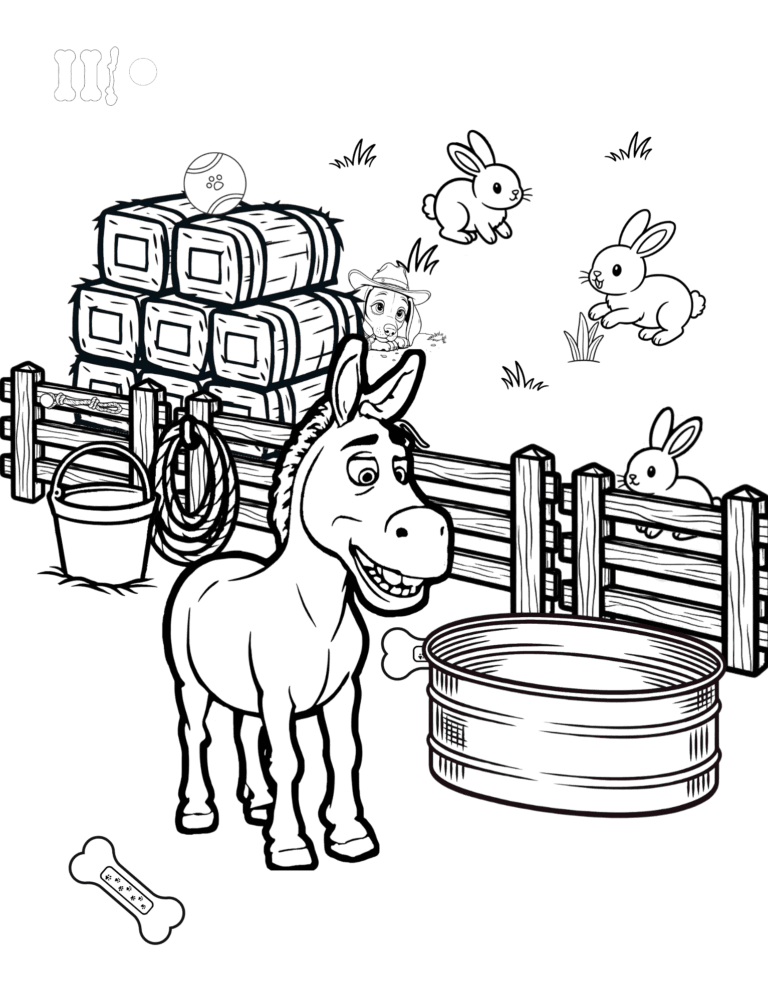 Printable donkey and hay bales farm coloring page for kids ages 3–8