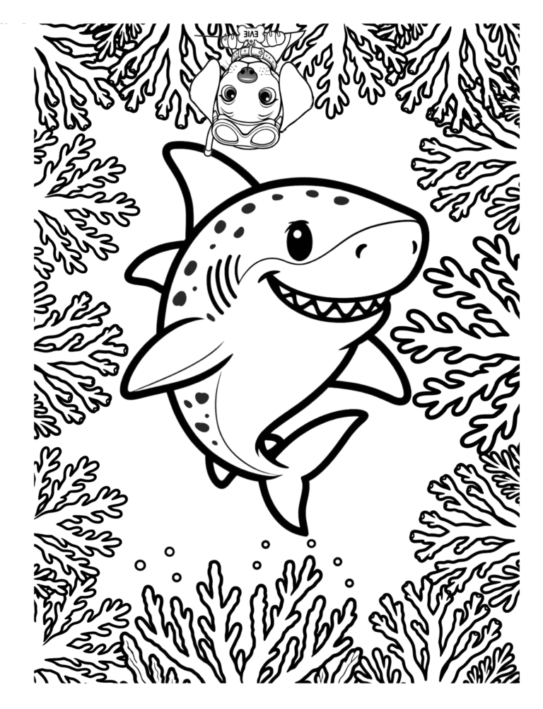 Printable shark reef ocean coloring page for kids ages 3–8