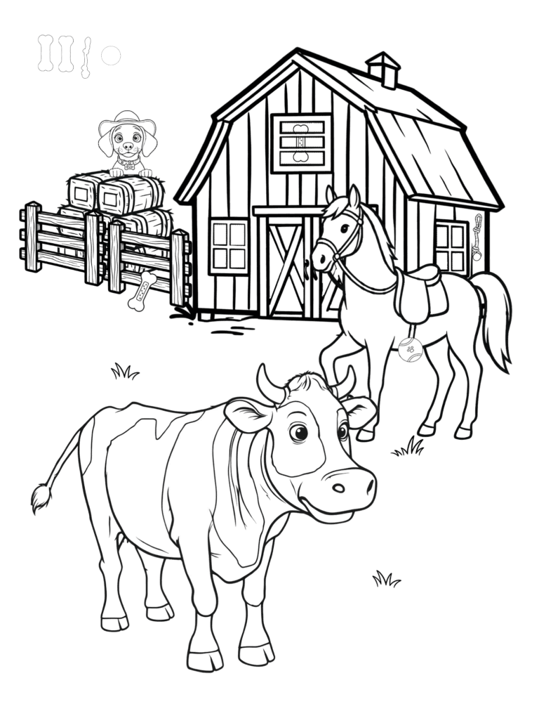 Printable cow by the barn farm coloring page for kids ages 3–8