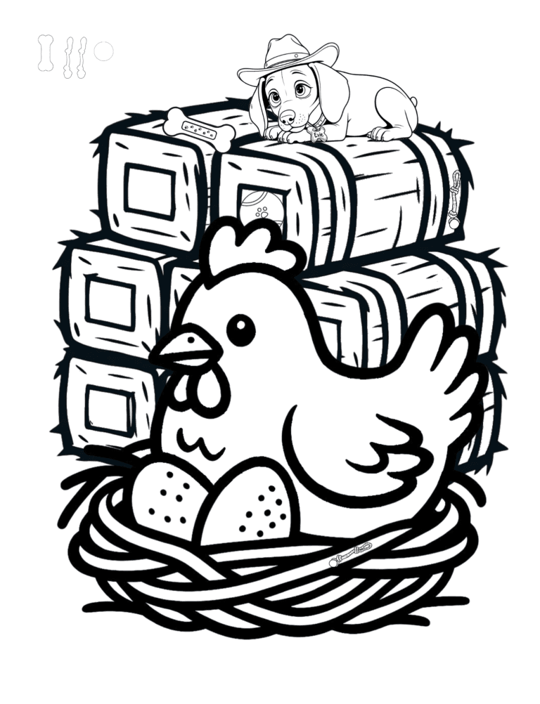 Printable hen and eggs farm coloring page for kids ages 3–8