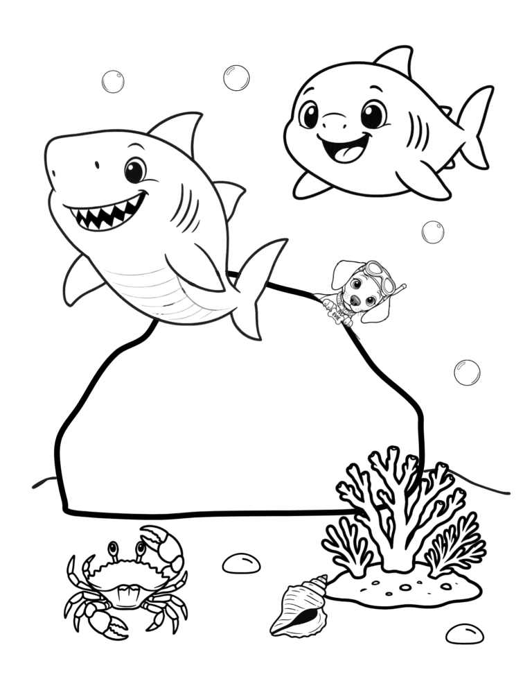 Printable baby sharks ocean coloring page for kids ages 3–8