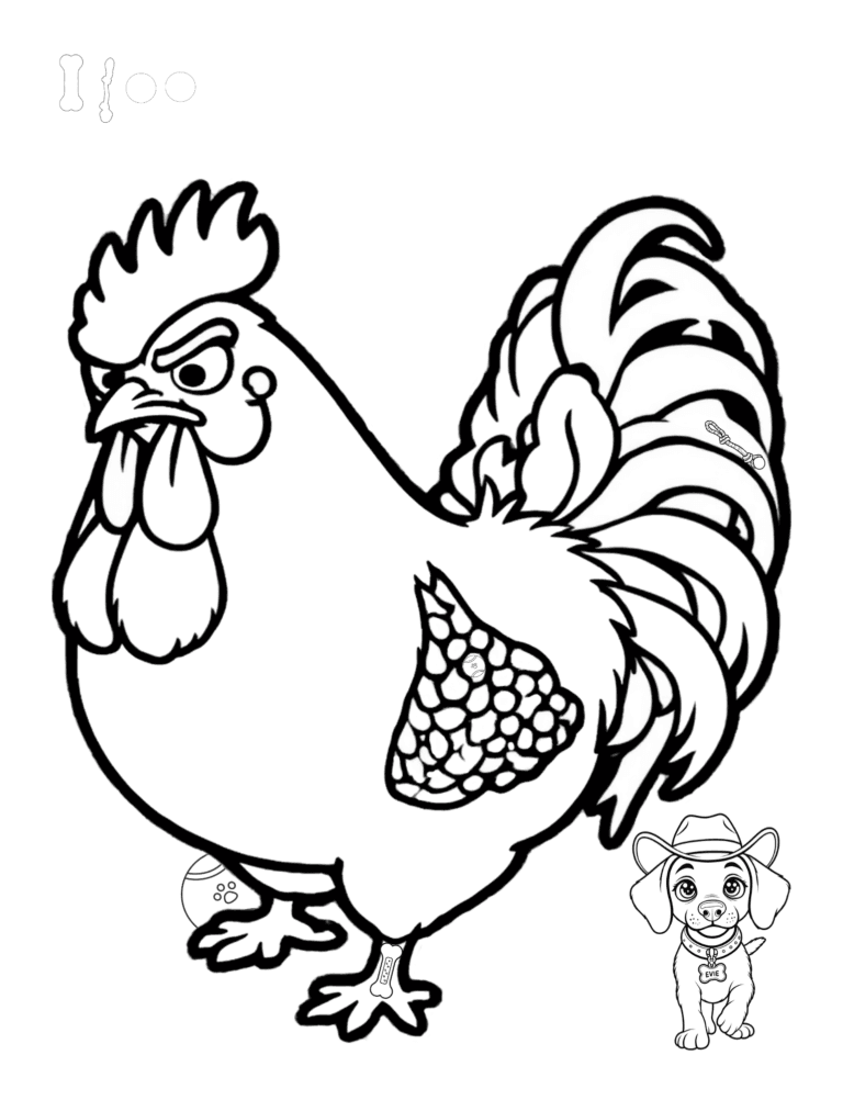 Printable rooster farm coloring page for kids ages 3–8