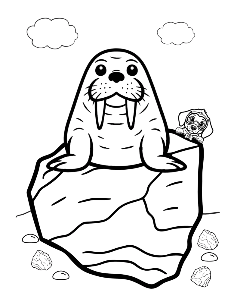 Printable walrus ocean coloring page for kids ages 3–8
