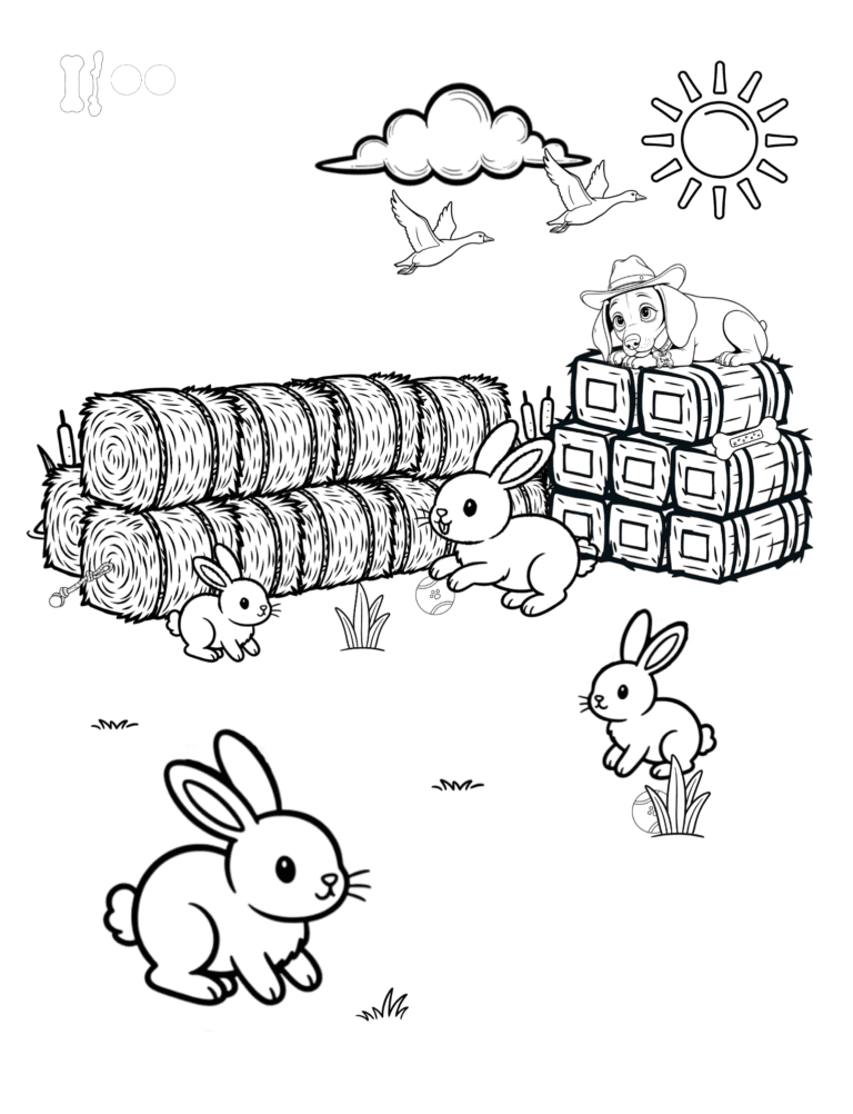 Printable hay bales and rabbits farm coloring page for kids ages 3–8