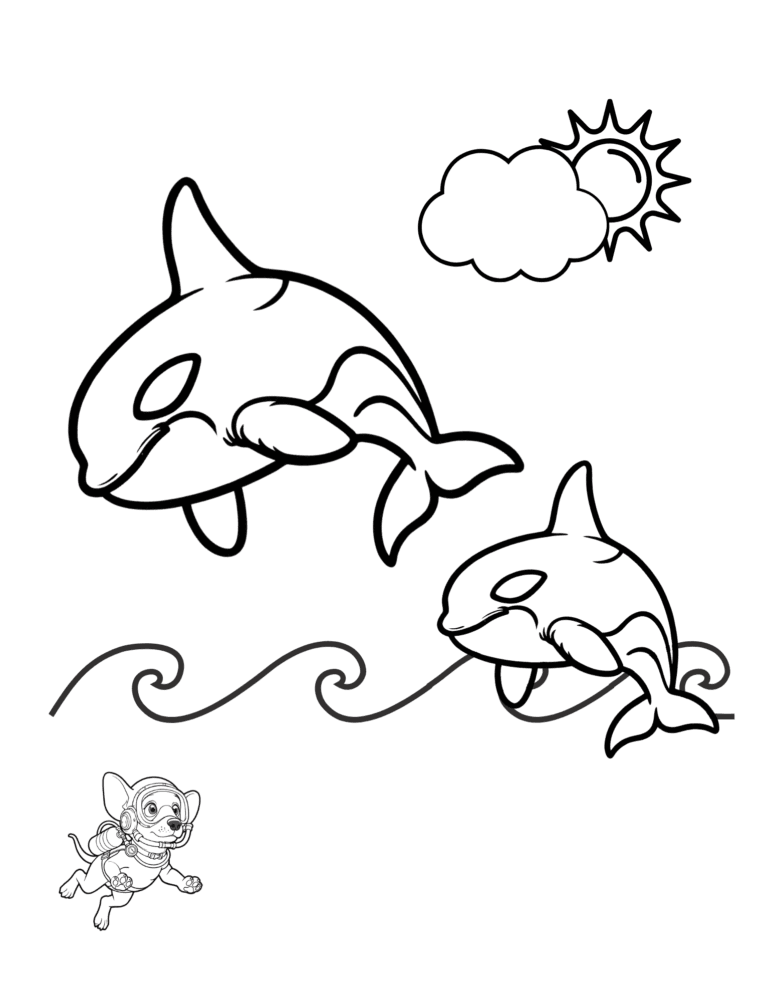 Printable orca whales ocean coloring page for kids ages 3–8