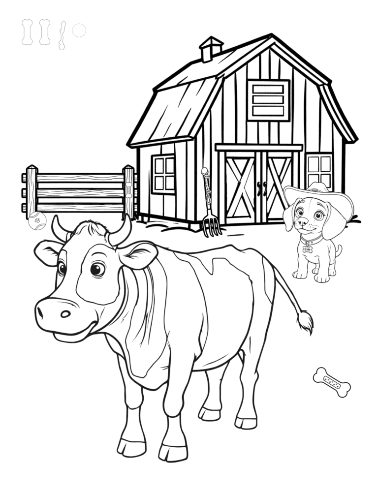 Printable barn and cow farm coloring page for kids ages 3–8