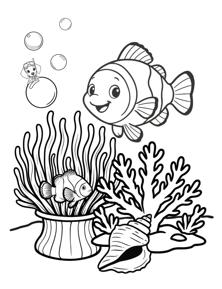Printable clownfish ocean coloring page for kids ages 3–8