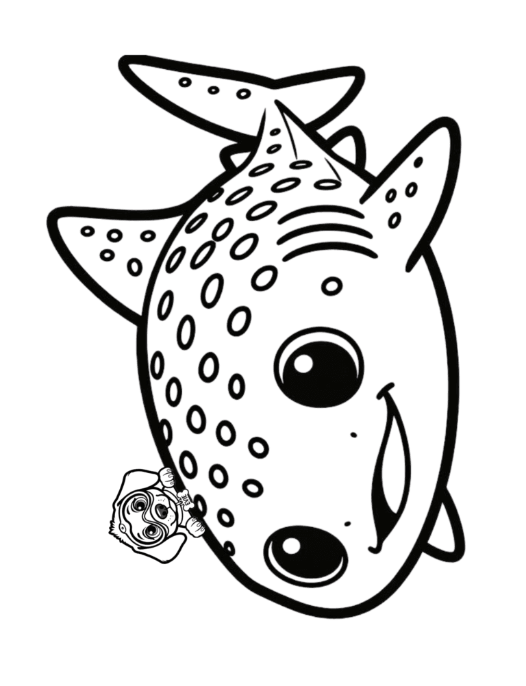 Printable spotted whale shark ocean coloring page for kids ages 3–8