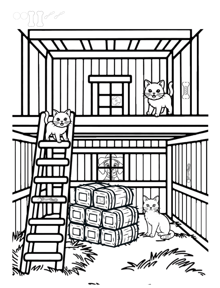 Printable inside the barn farm coloring page for kids ages 3–8