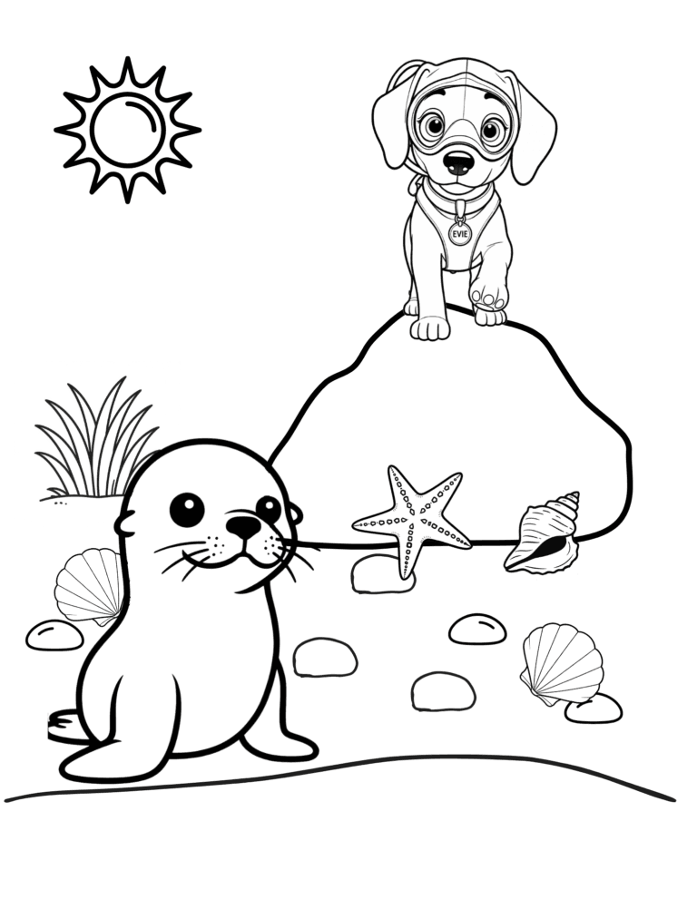 Printable seal on the rocks ocean coloring page for kids ages 3–8