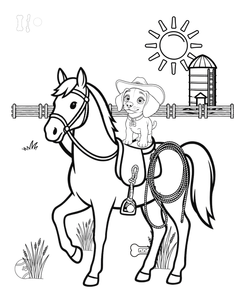 Printable Evie on horseback farm coloring page for kids ages 3–8