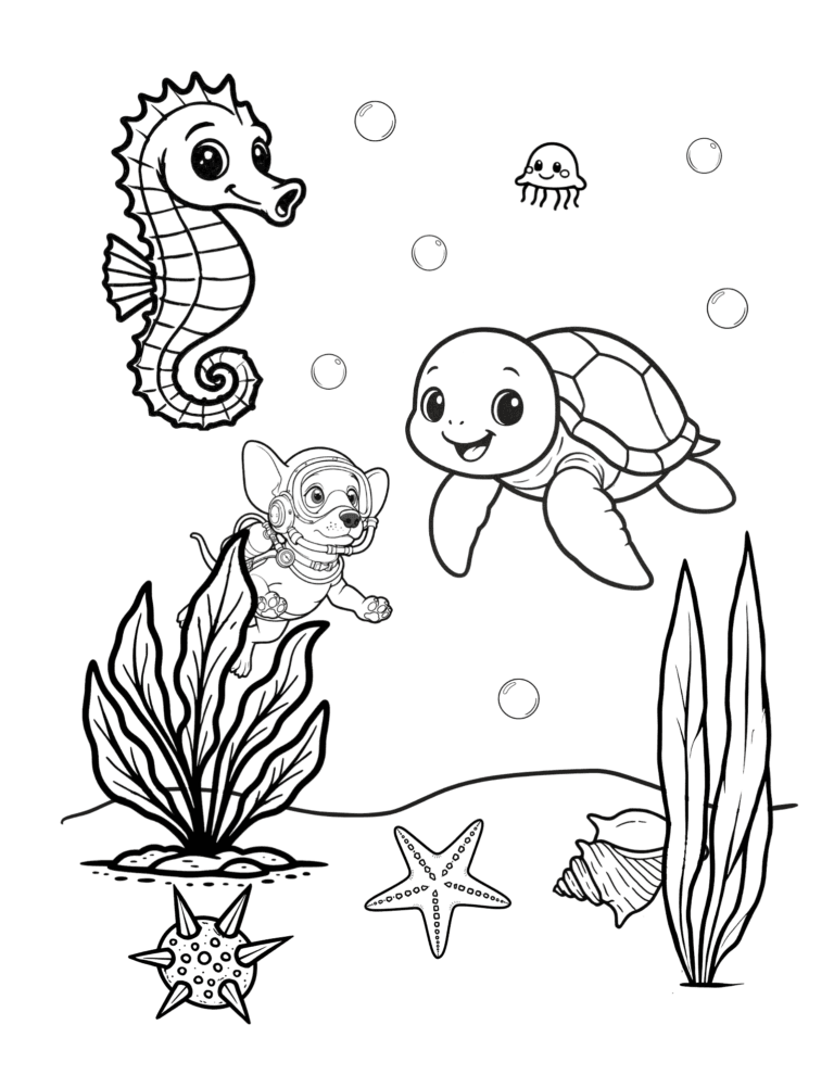 Printable seahorse and turtle ocean coloring page for kids ages 3–8