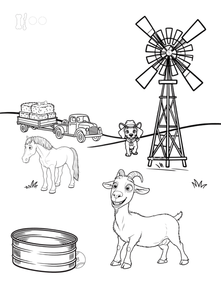 Printable windmill farm coloring page for kids ages 3–8